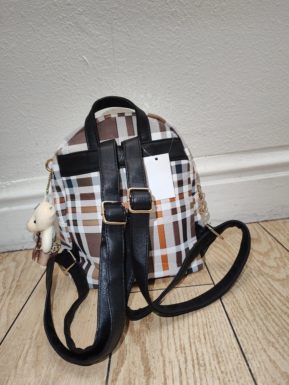 NWT Stylish Plaid Mini Backpack with Teddy Bear Keychain - Brown & White